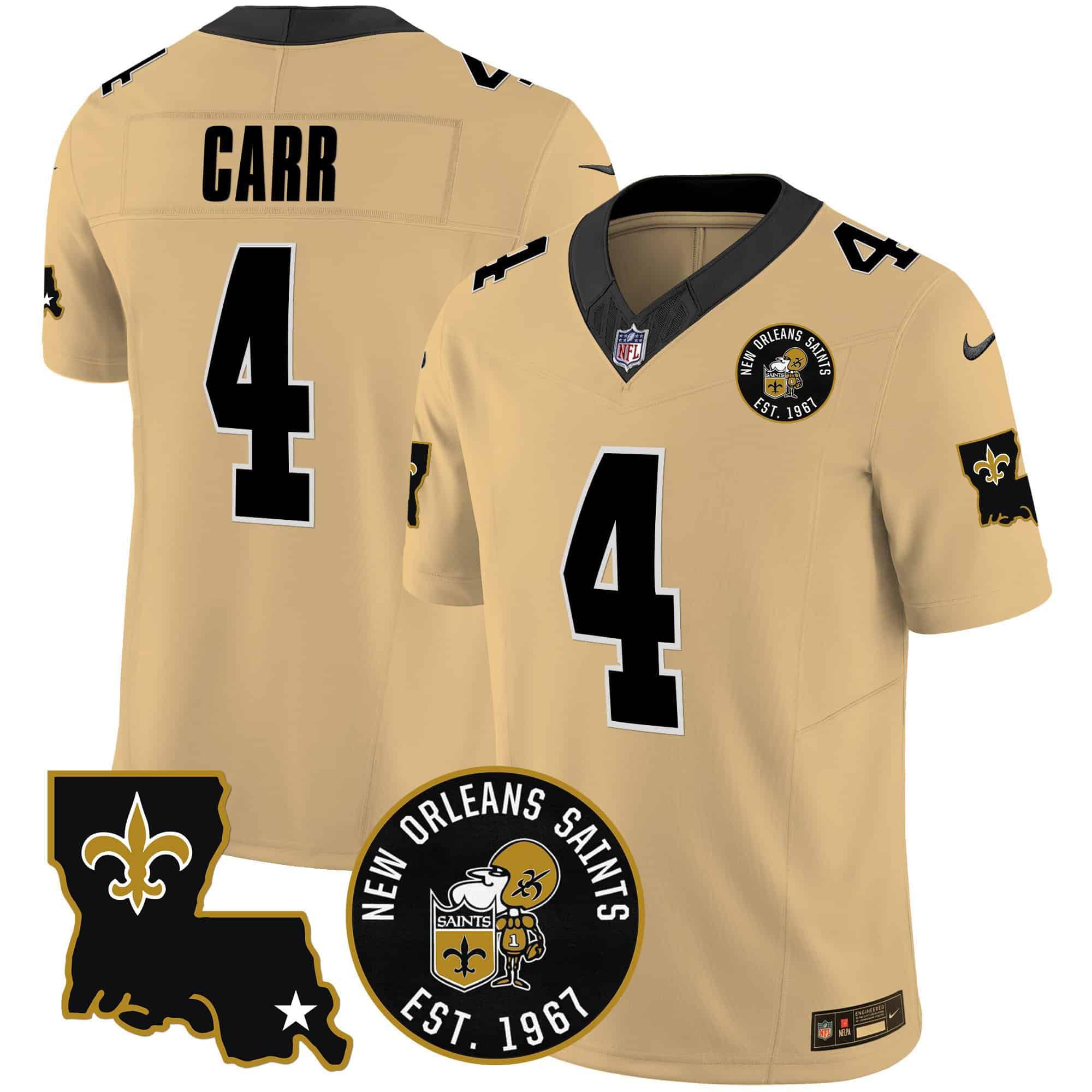 Men New Orleans Saints #4 Carr Yellow 2024 Nike 1967 Patch Vapor Limited NFL Jersey style 1->indianapolis colts->NFL Jersey